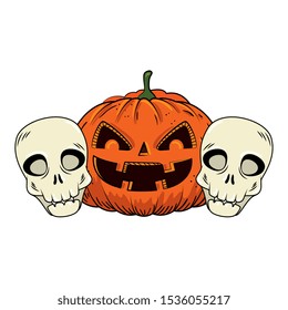 halloween pumpkin with skulls pop art style vector illustration design