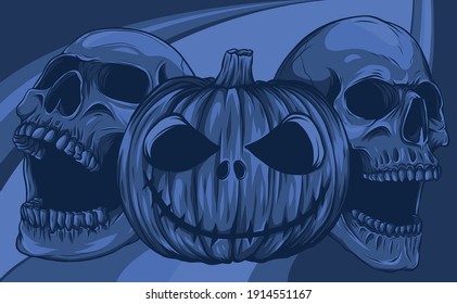 Halloween pumpkin with skulls, vector illustration art