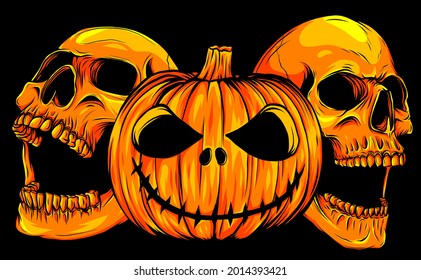 Halloween Pumpkin With Skulls, Vector Illustration Art