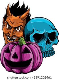 Halloween pumpkin with skulls, vector illustration art