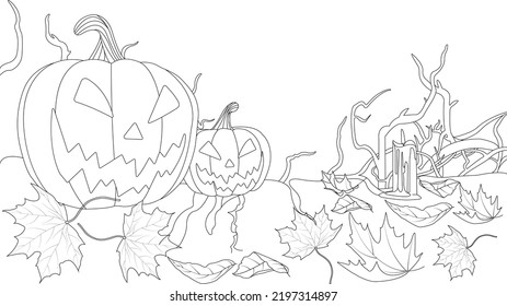 Halloween pumpkin with a skull-shaped candle burning with flame on Halloween background