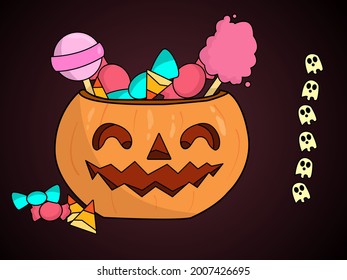 Halloween pumpkin with smile with candy inside of different colors and flavors on a dark icing background