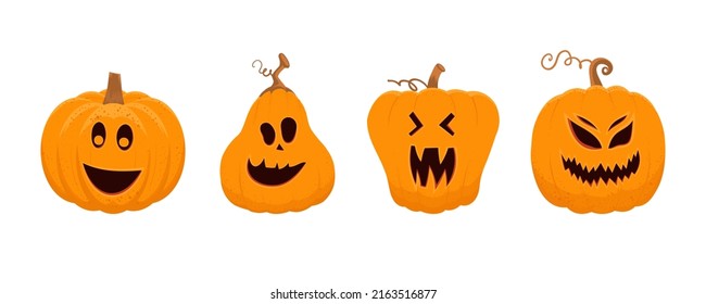 Halloween pumpkin smile collection. Vector illustration isolated from background. Cartoon, flat set of various orange pumpkins