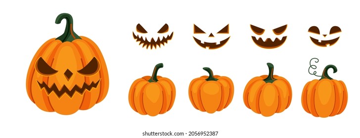 Calabaza y sonrisa de Halloween se enfrentan al conjunto de generadores, ilustración vectorial. Gourd de caricatura con emoción de miedo y sonrisa en estilo moderno plano aislado de fondo blanco.