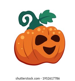 Halloween pumpkin with smile on face, vector illustration isolated on white background. Orange jack-o-lantern for Halloween party invitation or greeting card. Smiling carved face on Halloween squash 