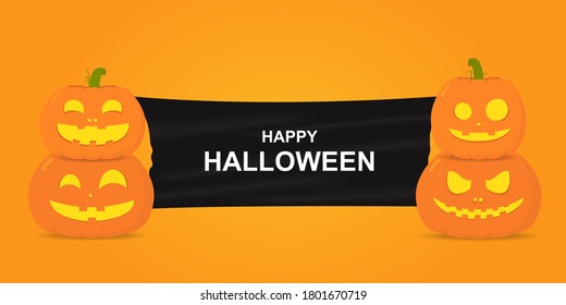 Halloween pumpkin with pumpkin smiles and black flag on orange background. Halloween sale promotion. Vector illustration