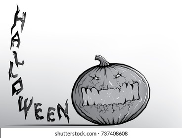 Halloween pumpkin with smiley face. Banner design of scary devil in doodle style for Halloween pumpkin with smiley face. Banner design of scary devil in doodle style for happy Holiday.