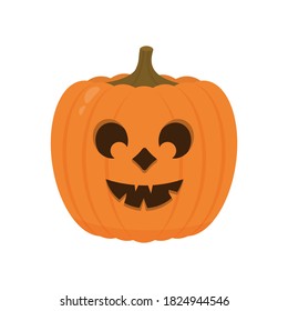 Halloween Pumpkin with smiling face icon isolated on white. Cute cartoon Jack-o'-Lantern. Halloween party decorations. Easy to edit vector template.