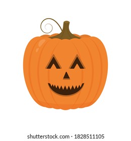 Halloween Pumpkin with smiling face icon isolated on white. Cute cartoon Jack-o'-Lantern. Halloween party decorations. Easy to edit vector template.