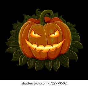 Halloween pumpkin is smiling. Isolated on black background. Vector illustration.