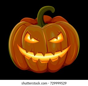 La calabaza de Halloween está sonriendo. Aislado sobre fondo negro. Ilustración vectorial.