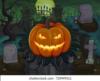 Halloween pumpkin is smiling. On cemetery background. Vector illustration.