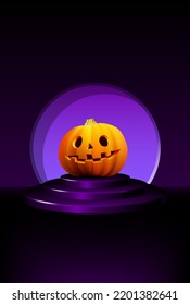 Halloween pumpkin smiling on the dark pedestal. Autumn holiday greeting card template with spooky Jack on the purple stage.