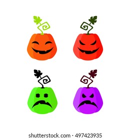 Halloween pumpkin smiling and scary faces. Colorful set of vector illustrations.