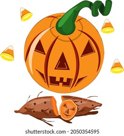 halloween pumpkin snack for trick and treat cartoon, made from boiled sweet potatoes. Good for templates or background.