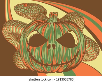 Halloween pumpkin with snake colored vector illustration