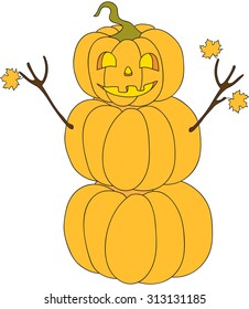 Halloween pumpkin snowman cartoon character. Vector illustration for Halloween