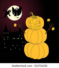 Halloween pumpkin snowman cartoon character. Old castle with ghosts in the night sky. Vector illustration for Halloween