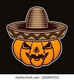 Halloween pumpkin in sombrero hat character colorful vector illustration in cartoon style isolated on dark background