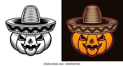 Halloween pumpkin in sombrero hat in two styles black on white and colorful on dark background vector illustration