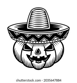 Halloween pumpkin in sombrero hat vector graphic object or design element in vintage monochrome style isolated on white background