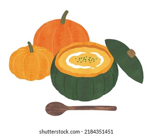 Halloween pumpkin soup watercolor illustration