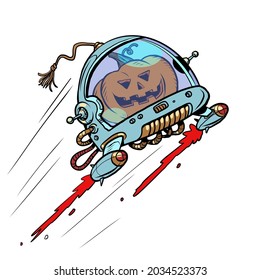 Halloween pumpkin in space, an autumn holiday. The Terrible Astronaut. Isolate on a white background