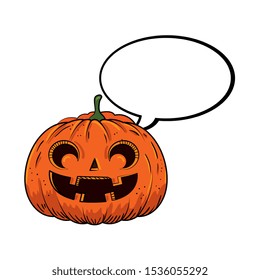 halloween pumpkin with speech bubble pop art style vector illustration design
