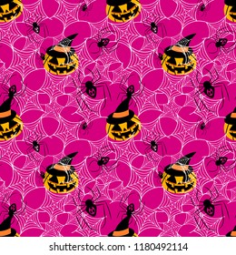 Halloween pumpkin and spider seamless pattern. Halloween concept.