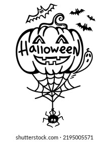 Halloween pumpkin with spider web and bats. Vector printable halloween symbol isolated on white bakground