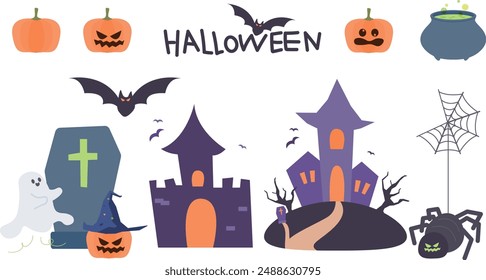 halloween, pumpkin, spider, web, ghost, grave, castle, mansion, bucket, witch hat