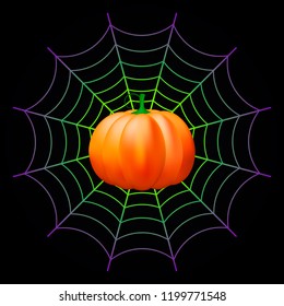 Halloween: pumpkin and spider web on dark background. Vector illustration. Sweet horror.