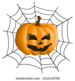 Halloween pumpkin with spider web on the back in cartoon style.
