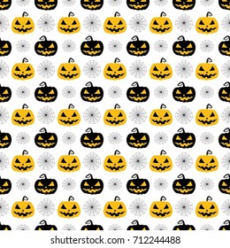 Halloween pumpkin and spider web seamless pattern background. White background