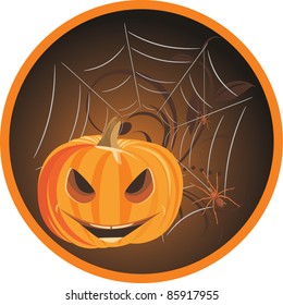 Halloween pumpkin with spiders. Sticker. Vector