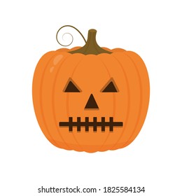 Halloween Pumpkin with spooky face icon isolated on white. Cute cartoon Jack-o'-Lantern. Halloween party decorations. Easy to edit vector template.