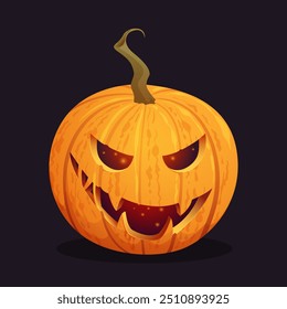 Halloween pumpkin spooky head. Carved glowing pumpkin face. Autumn horror season. Scary Jack O Lantern for banners, party invitations, stickers, and decor. Cartoon vector creepy character illustration