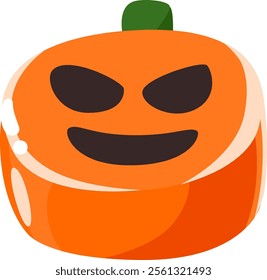 Halloween pumpkin with spooky smiling face, featuring a mischievous grin and narrowed eyes, creating a playful and eerie atmosphere perfect for halloween celebrations and autumn festivities