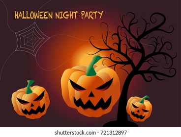 Halloween pumpkin spooky with spider web and dark tree background, Vector illustrator 