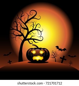 Halloween pumpkin spooky with spider web and dark tree background, Vector illustrator 