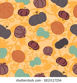 Halloween Pumpkin, Squash, Gourd, Foliage Autumn Seamless Pattern. Vector illustration. Perfect for autumn harvest or Halloween party, fashion, decoration, textile design, background illustration.