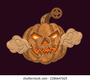 Halloween pumpkin in steampunk style with glowing eyes, grinning smile, scary grimace, steam, gear. Vector illustration isolated on a dark background.