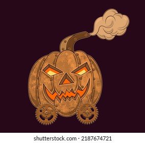 Halloween pumpkin in steampunk style with glowing eyes, grinning smile, scary grimace, steam, gears. Vector illustration isolated on a dark background.
