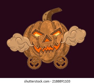 Halloween Kürbis im Steampunkstil mit leuchtenden Augen, grinsendem Lächeln, gruselndem Grimace, Dampf, Getriebe. Vektorgrafik einzeln auf dunklem Hintergrund.