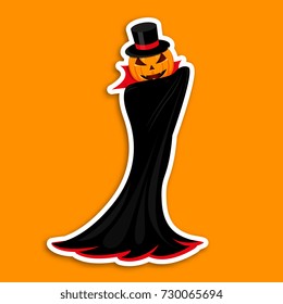 Halloween pumpkin sticker in cloak and vampire hat. Vector illustration. The signs for happy Halloween.