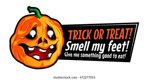 Halloween pumpkin sticker with funny text. Vector illustration