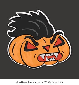 Halloween pumpkin sticker with vampire fangs with an angry expression.