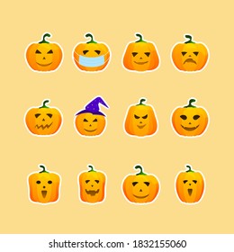 Halloween pumpkin stickers set vector illustration. Isolated pumpkin for design. Halloween symbol.