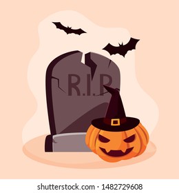 halloween pumpkin with stone and bats