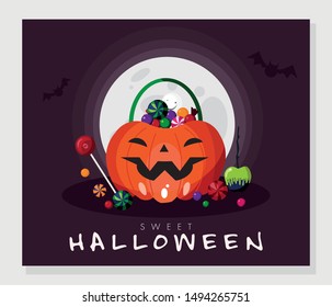 Halloween pumpkin with sugar apple, bats, sweets, moon on violet background. Can be used for wrapping paper, textile, greeting cards, banner and party invitations